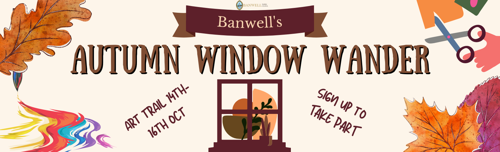 autumn window wander banner with cartoon leaves and window
