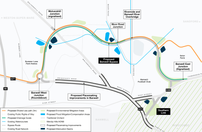 A map of the proposed route for the Banwell Bypass. The proposed bypass is marked from Banwell West Junction roundabout to Banwell East Junction, via Wolvershill Junction, Moor Road Junction, and Riverside and Banwell Overbridge. Proposed placemaking improvements are labelled on Knightscott Road.